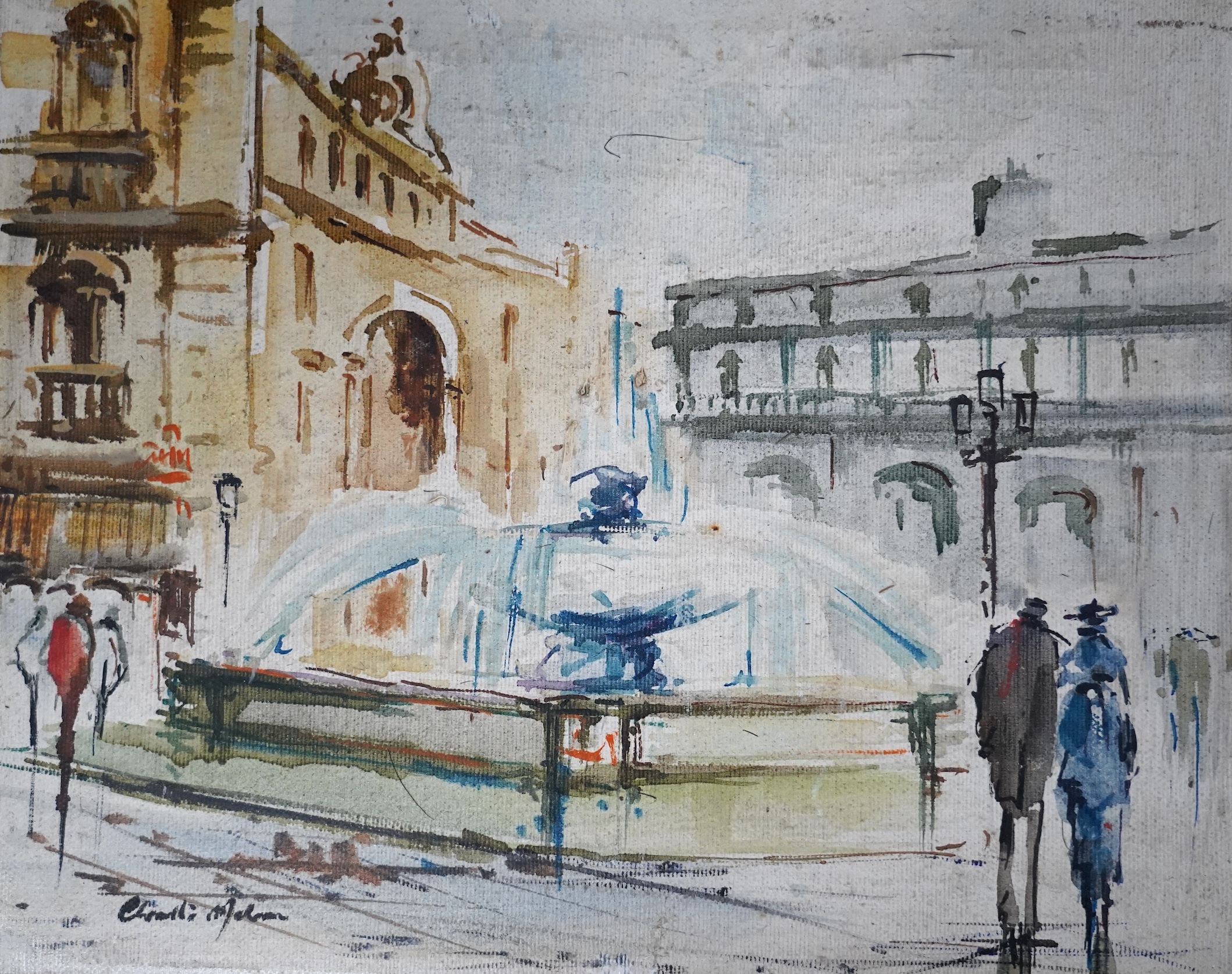 French School,oil on canvas, Street scene with water fountain and figures, indistinctly signed lower left, 24 x 30cm